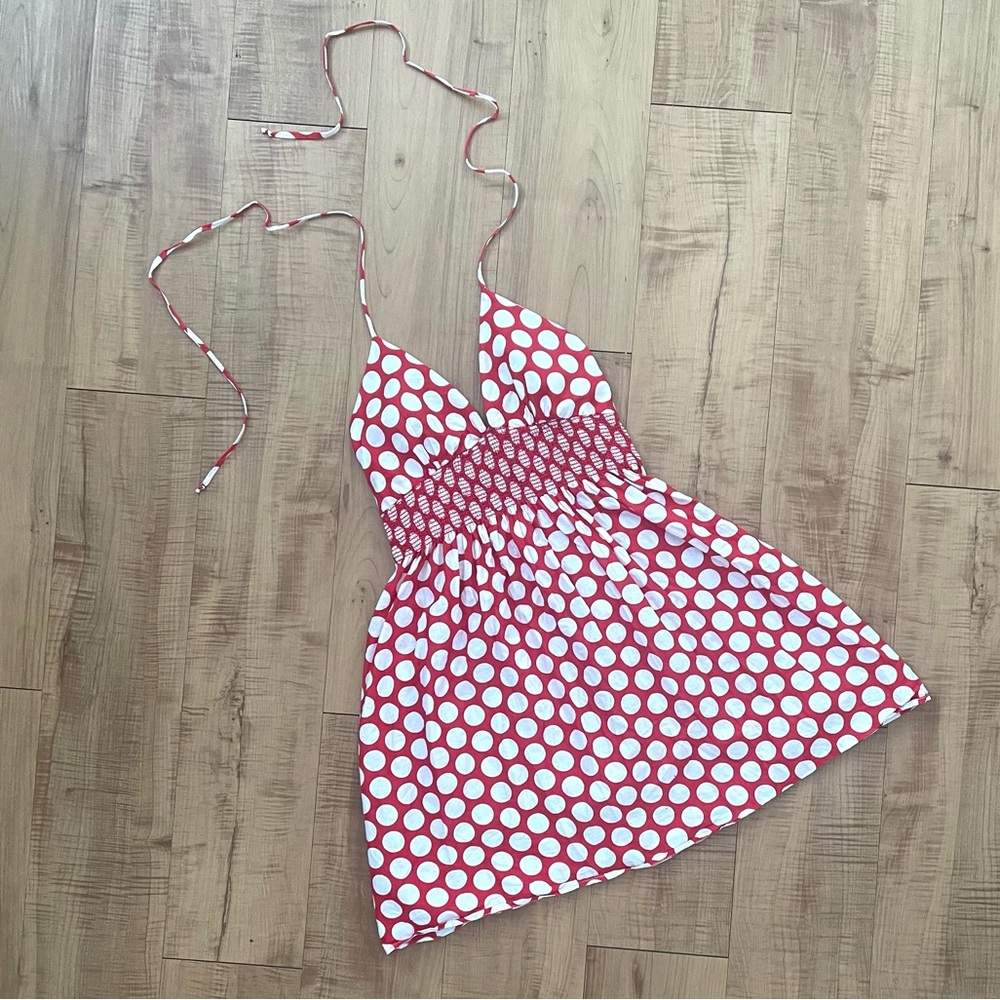 Red & White Polka Dot Halter Mini Dress 100% Cotton Vintage Piece